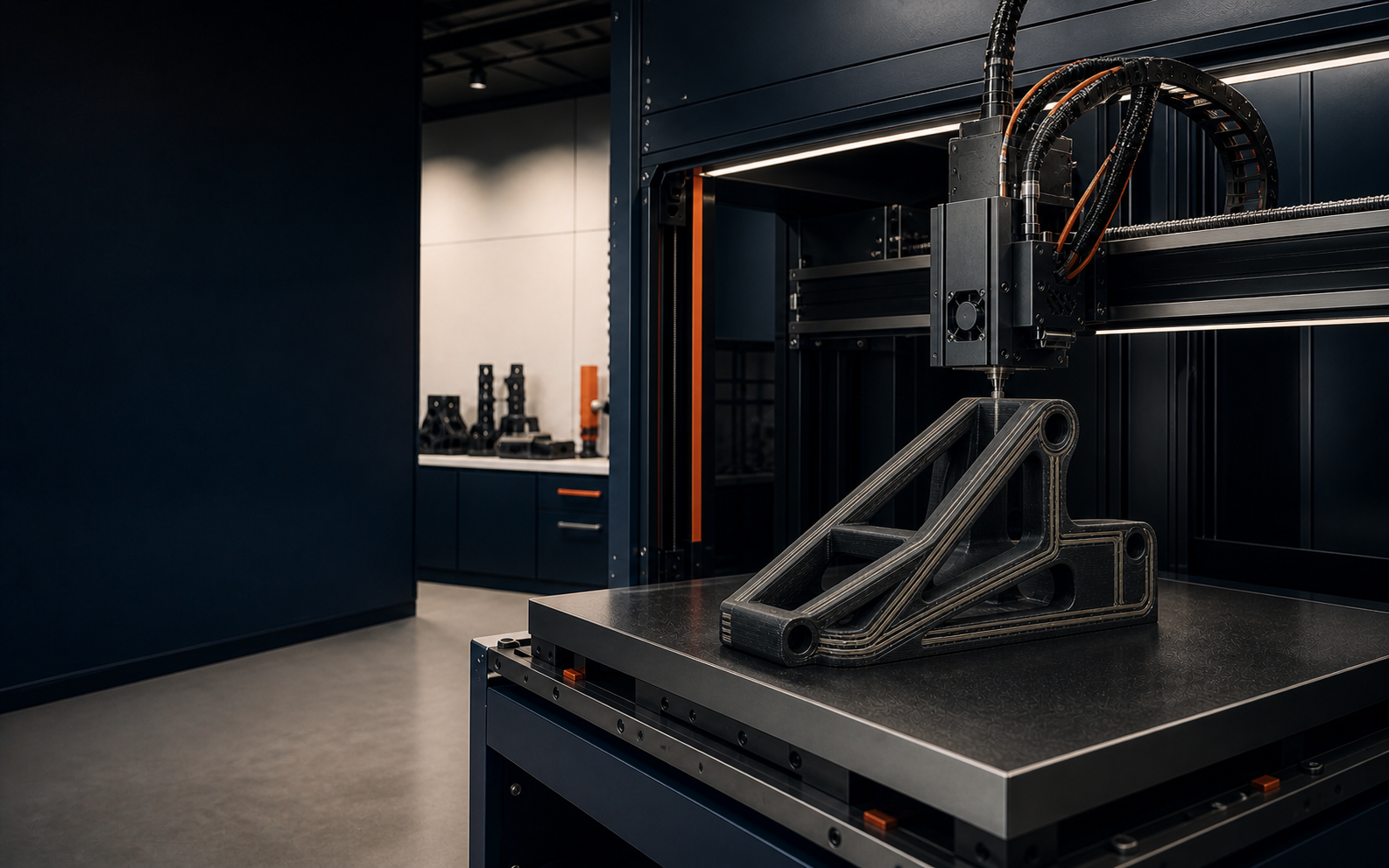 Continuous fiber reinforced structural part being manufactured in an industrial 3D printer